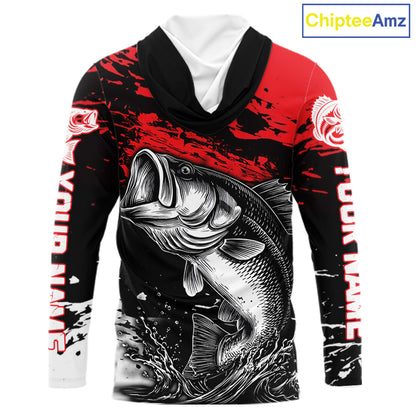 Custom Bass Fishing Jersey, Black And Red Bass Long Sleeve With Hood Tournament Fishing Shirts NHT492