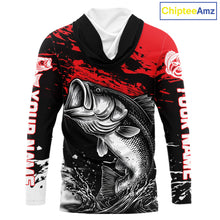 Load image into Gallery viewer, Custom Bass Fishing Jersey, Black And Red Bass Long Sleeve With Hood Tournament Fishing Shirts NHT492
