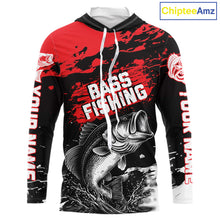 Load image into Gallery viewer, Custom Bass Fishing Jersey, Black And Red Bass Long Sleeve With Hood Tournament Fishing Shirts NHT492