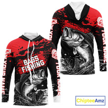 Load image into Gallery viewer, Custom Bass Fishing Jersey, Black And Red Bass Long Sleeve With Hood Tournament Fishing Shirts NHT492