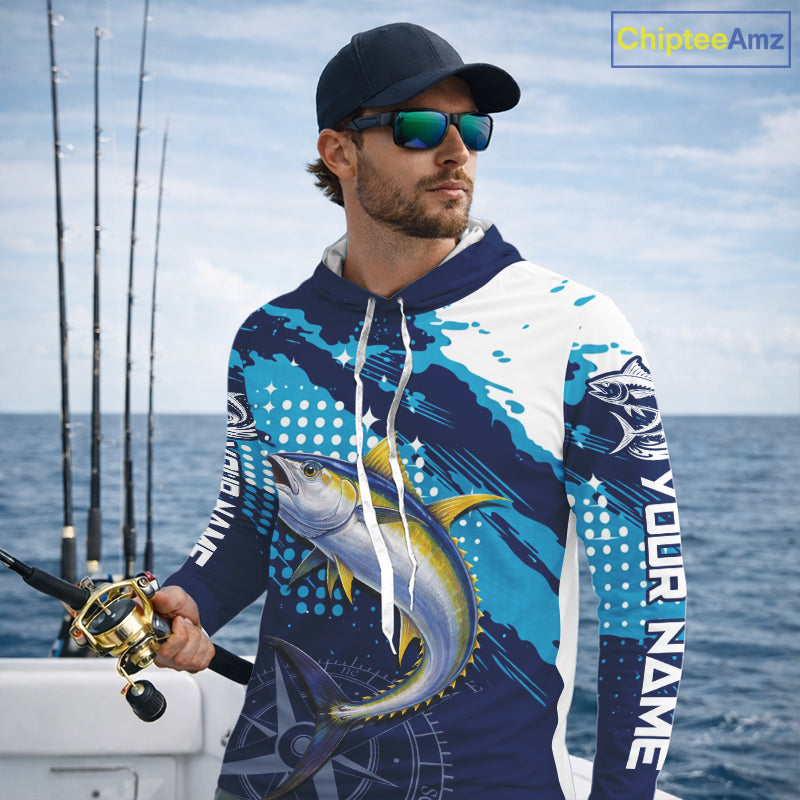 Custom Yellowfin Tuna Hooded Long Sleeve Fishing Shirts For Men, Design Tuna Fishing Jerseys NHT634