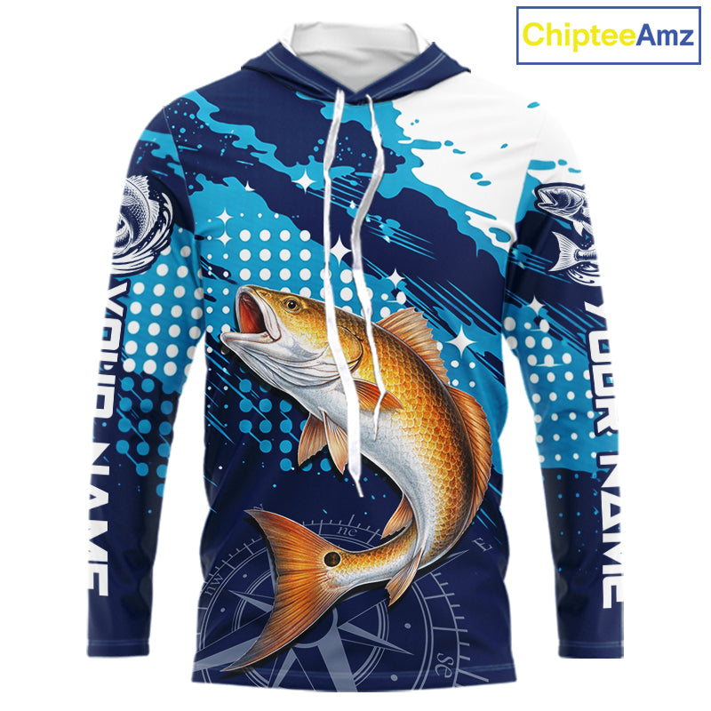 Custom Redfish Hooded Long Sleeve Fishing Shirts For Men, Design Redfish Fishing Jerseys NHT636