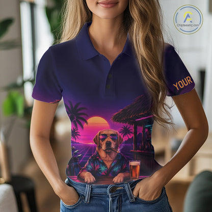 Retro Dog Womens Golf Polo Shirt Personalized Name Summer Beach Beer Golf Shirt Gift For Dog Lover NHT1000