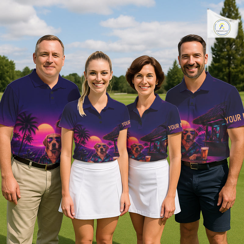 Woman wearing a purple golf shirt with a dog graphic on a golf course