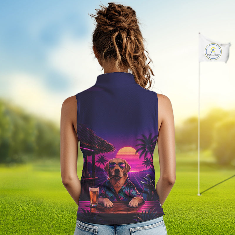 Retro Dog Womens Sleeveless Golf Polo Shirt Personalized Name Summer Beach Beer Golf Shirt Gift For Dog Lover