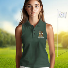 Load image into Gallery viewer, Woman wearing a green sleeveless polo shirt with a logo on a golf course