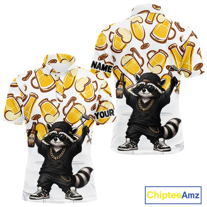 Funny Raccoon Beer Golf Polo Shirt Personalized Name Custom Golf Shirt Golfer Gift For Men