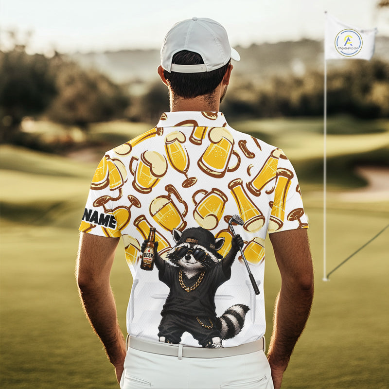 Funny Raccoon Beer Golf Polo Shirt Personalized Name Custom Golf Shirt Golfer Gift For Men