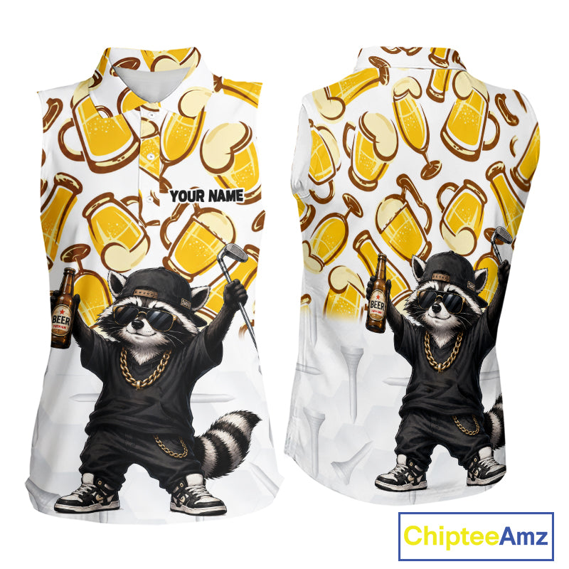 Funny Raccoon Beer Womens Sleeveless Golf Polo Shirt Personalized Name Custom Golf Shirt