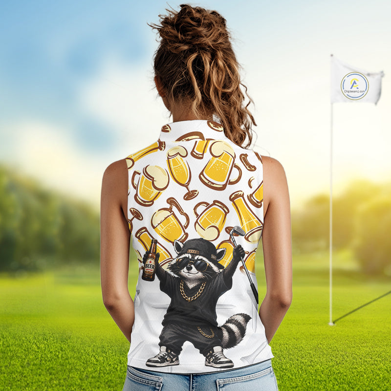 Person wearing a sleeveless shirt with a raccoon holding a beer design outdoors.