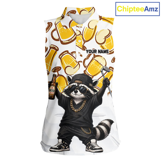 Funny Raccoon Beer Womens Sleeveless Golf Polo Shirt Personalized Name Custom Golf Shirt