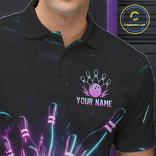 Load image into Gallery viewer, Black polo shirt with neon bowling design and customizable text on a dark background