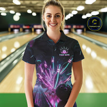 Load image into Gallery viewer, Woman wearing a custom bowling shirt with a colorful design in a bowling alley.