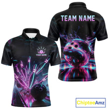 Load image into Gallery viewer, Black bowling-themed polo shirt with colorful design on a white background, featuring 'TEAM NAME' and 'Your Name' text.