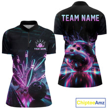 Load image into Gallery viewer, Bowling-themed polo shirt with colorful design and customizable text on a white background