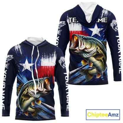 Personalized Bass Long Sleeve Performance Fishing Shirts, Hooded Bass Custom Texas Fishing Jersey  NHT502