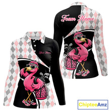 Load image into Gallery viewer, Funny Pink Flamingo Pattern Argyle Golf Polo Shirt For Womens, Custom Flamingo Golf Shirt For Team NHT652