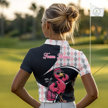 Load image into Gallery viewer, Funny Pink Flamingo Pattern Argyle Golf Polo Shirt For Womens, Custom Flamingo Golf Shirt For Team NHT652