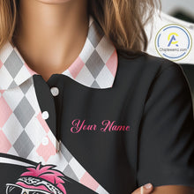 Load image into Gallery viewer, Funny Pink Flamingo Pattern Argyle Golf Polo Shirt For Womens, Custom Flamingo Golf Shirt For Team NHT652