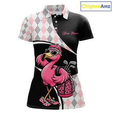 Load image into Gallery viewer, Funny Pink Flamingo Pattern Argyle Golf Polo Shirt For Womens, Custom Flamingo Golf Shirt For Team NHT652