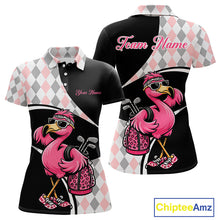 Load image into Gallery viewer, Funny Pink Flamingo Pattern Argyle Golf Polo Shirt For Womens, Custom Flamingo Golf Shirt For Team NHT652