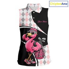 Load image into Gallery viewer, Funny Pink Flamingo Pattern Argyle Sleeveless Womens Golf Polo Shirt, Custom Flamingo Golf Shirt For Team NHT652