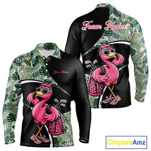Load image into Gallery viewer, Funny Pink Flamingo Pattern Green Tropical Golf Polo Shirt For Men, Custom Flamingo Golf Shirt For Team NHT654