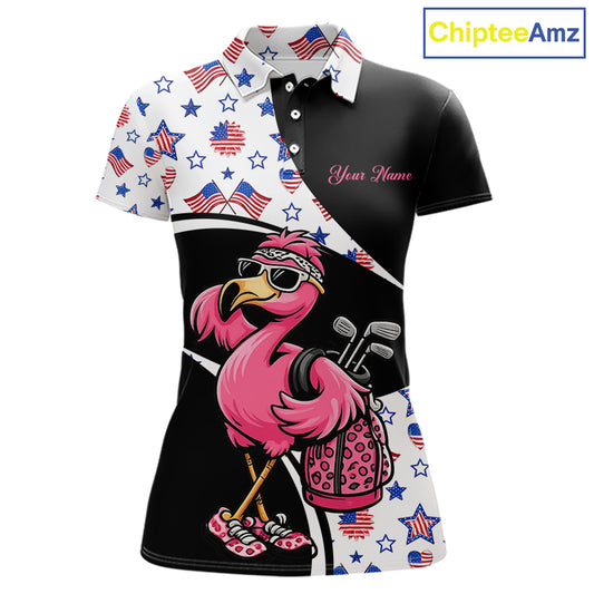 Funny Pink Flamingo Pattern American Flag Golf Polo Shirt For Womens, Custom Flamingo Golf Shirt For Team NHT655