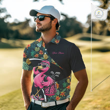 Load image into Gallery viewer, Funny Pink Flamingo Green Tropical Golf Polo Shirt For Men, Custom Flamingo Golf Shirt For Team NHT656