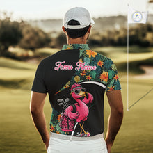 Load image into Gallery viewer, Funny Pink Flamingo Green Tropical Golf Polo Shirt For Men, Custom Flamingo Golf Shirt For Team NHT656