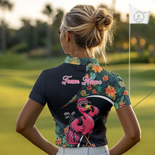 Load image into Gallery viewer, Funny Pink Flamingo Green Tropical Golf Polo Shirt For Womens, Custom Flamingo Golf Shirt For Team NHT656