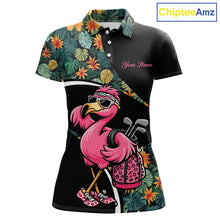 Load image into Gallery viewer, Funny Pink Flamingo Green Tropical Golf Polo Shirt For Womens, Custom Flamingo Golf Shirt For Team NHT656