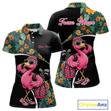 Load image into Gallery viewer, Funny Pink Flamingo Green Tropical Golf Polo Shirt For Womens, Custom Flamingo Golf Shirt For Team NHT656