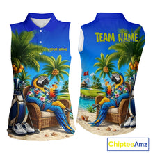 Load image into Gallery viewer, Custom Team Name Tropical Sleeveless Women Golf Polo Shirt – Funny Macaw Parrot Beach Golf Shirt For Womens NHT859