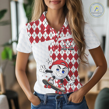 Womens Golf Polo Shirt Argyle Pattern Golf Shirts For Womens Funny Golf Ball Shirt Gifts|Red  NHT861