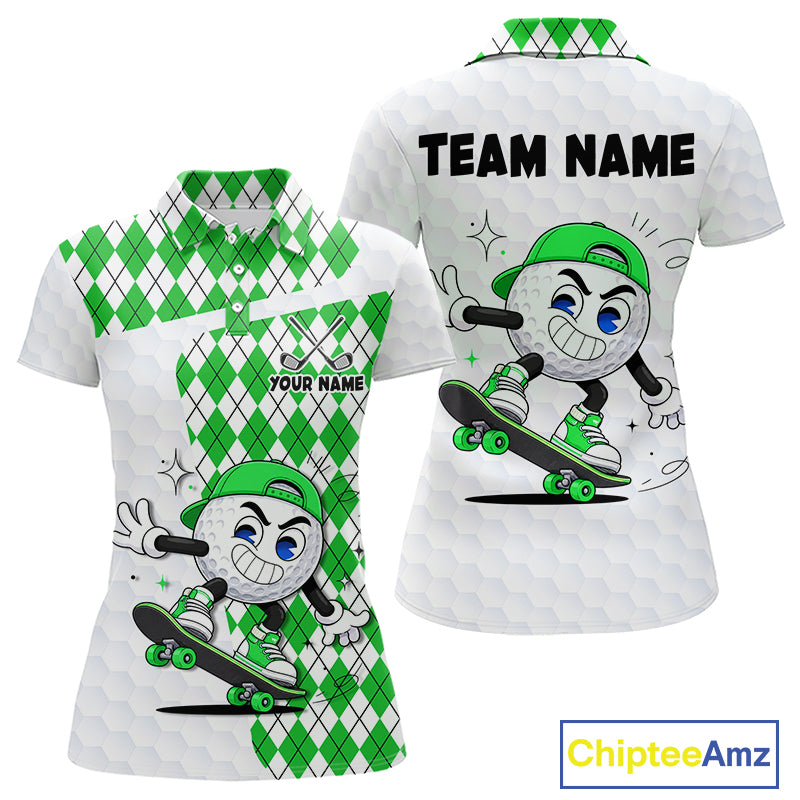 Womens Golf Polo Shirt Argyle Pattern Golf Shirts For Womens Funny Golf Ball Shirt Gifts|Green NHT863