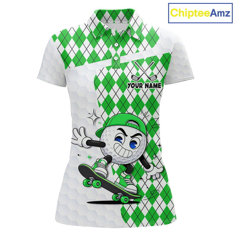 Womens Golf Polo Shirt Argyle Pattern Golf Shirts For Womens Funny Golf Ball Shirt Gifts|Green NHT863