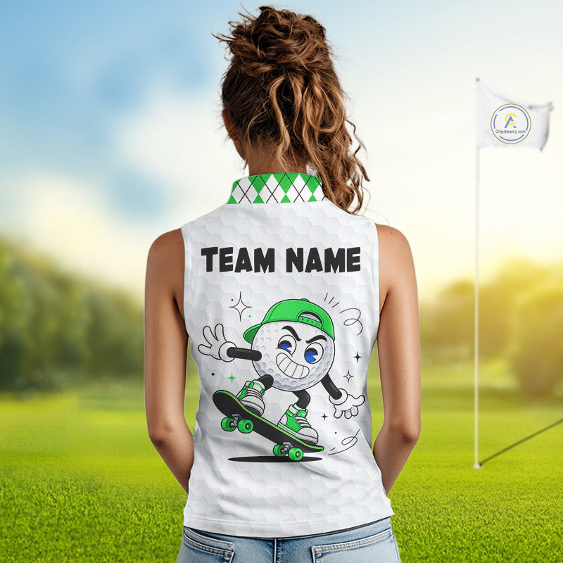 Sleeveless Women Golf Polo Shirt Argyle Pattern Golf Shirts For Womens Funny Golf Ball Shirt Gifts|Green NHT863