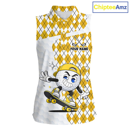 Sleeveless Women Golf Polo Shirt Argyle Pattern Golf Shirts For Womens Funny Golf Ball Shirtgifts|Yellow NHT864