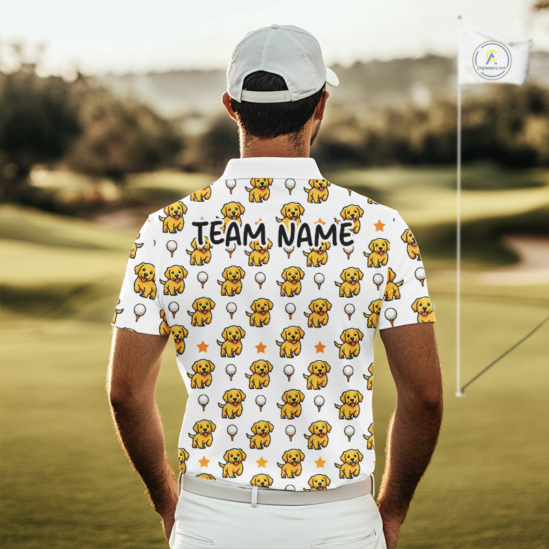 Man wearing a white polo shirt with yellow dog pattern on a golf course