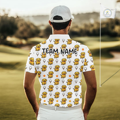 Man wearing a white polo shirt with yellow dog pattern on a golf course