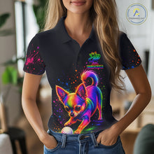 Load image into Gallery viewer, Woman wearing a black polo shirt with a colorful dog graphic and logo.