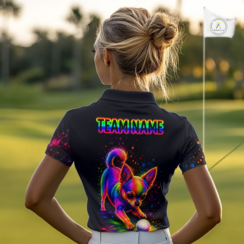 Woman wearing a black polo shirt with a colorful dog graphic and logo.