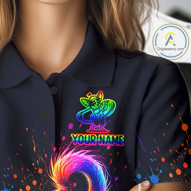 Black shirt with colorful design and 'Your Name' text on a blurred background