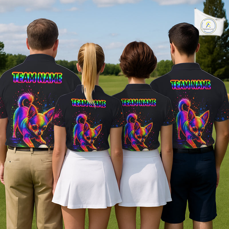 Four people wearing black polo shirts with colorful dog designs on a golf course.
