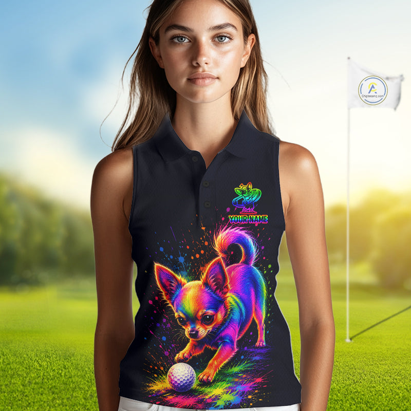 Woman wearing a sleeveless black golf shirt with a colorful dog design on a golf course.