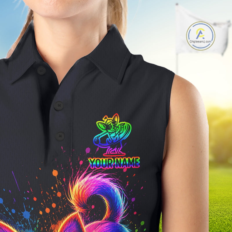 Personalized Womens Sleeveless Chihuahua Playing Golf Button Down Shirt - Custom Dog Lover Team Jersey