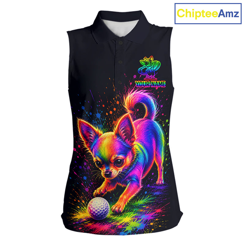 Personalized Womens Sleeveless Chihuahua Playing Golf Button Down Shirt - Custom Dog Lover Team Jersey