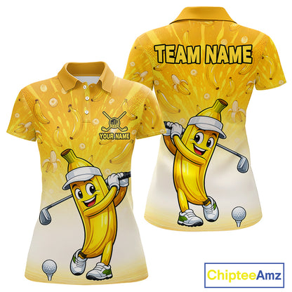 Yellow polo shirt with cartoon banana character and customizable text on a white background
