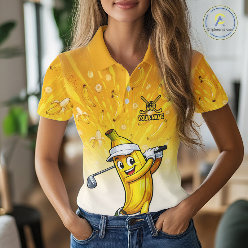 Person wearing a yellow polo shirt with cartoon banana character and customizable text.